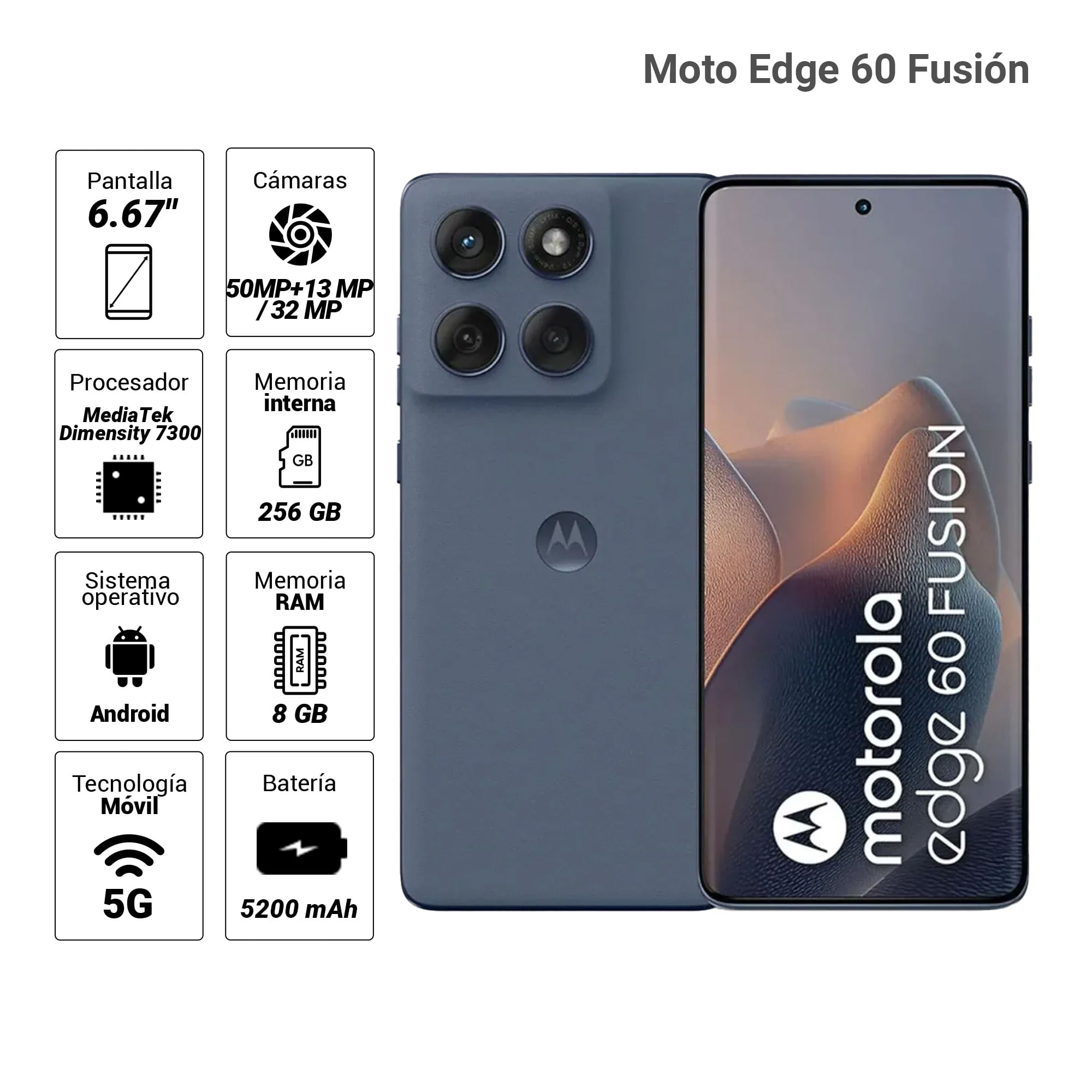 Imagen 2 del producto Celular Motorola Moto Edge 60 Fusión 5G 256GB, 8GB, cámara trasera 50MP y frontal 32MP, 6.67"", azul