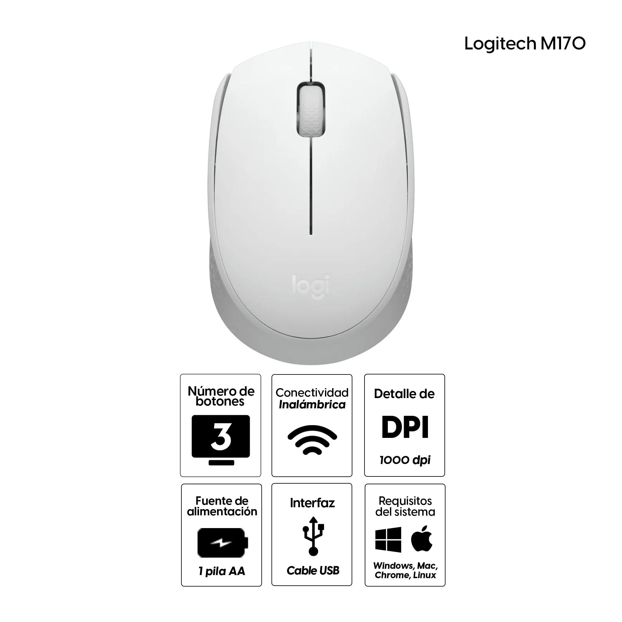 Imagen 2 del producto Mouse inalámbrico Logitech M170 Inalámbrico Logitech M170, 2.4GHz, 1000 dpi, 3 botones, blanco