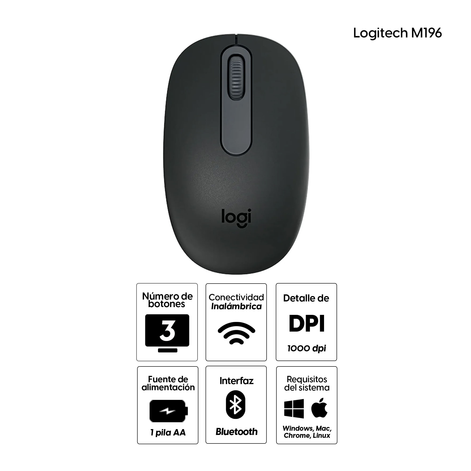 Imagen 2 del producto Mouse inalámbrico Logitech M196 Inalámbrico Logitech M196 Bluetooth, 1000 dpi, 3 botones, grafito