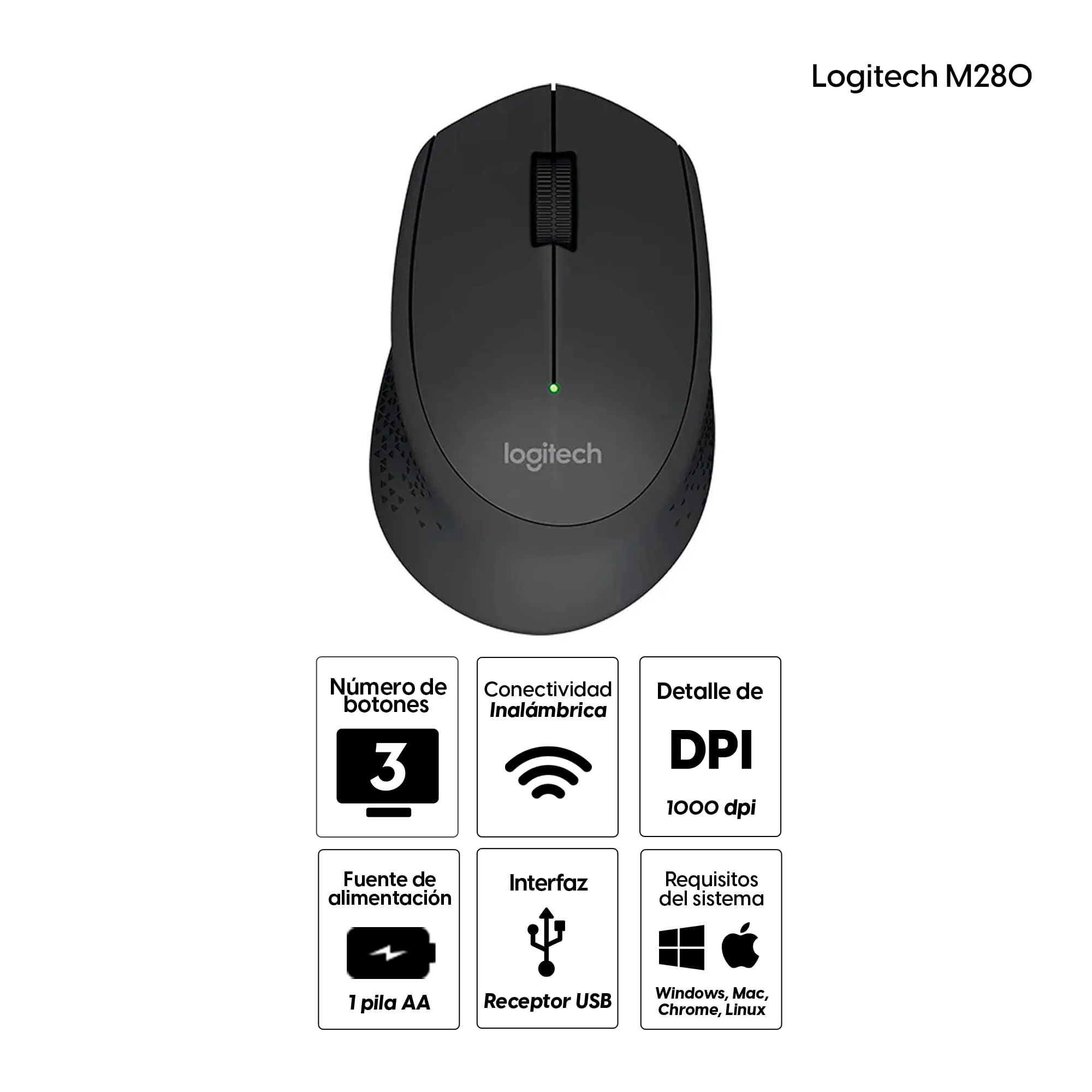 Imagen 2 del producto Mouse inalámbrico Logitech M280 Inalámbrico Logitech M280 Bluetooth, 1000 dpi, 3 botones, negro