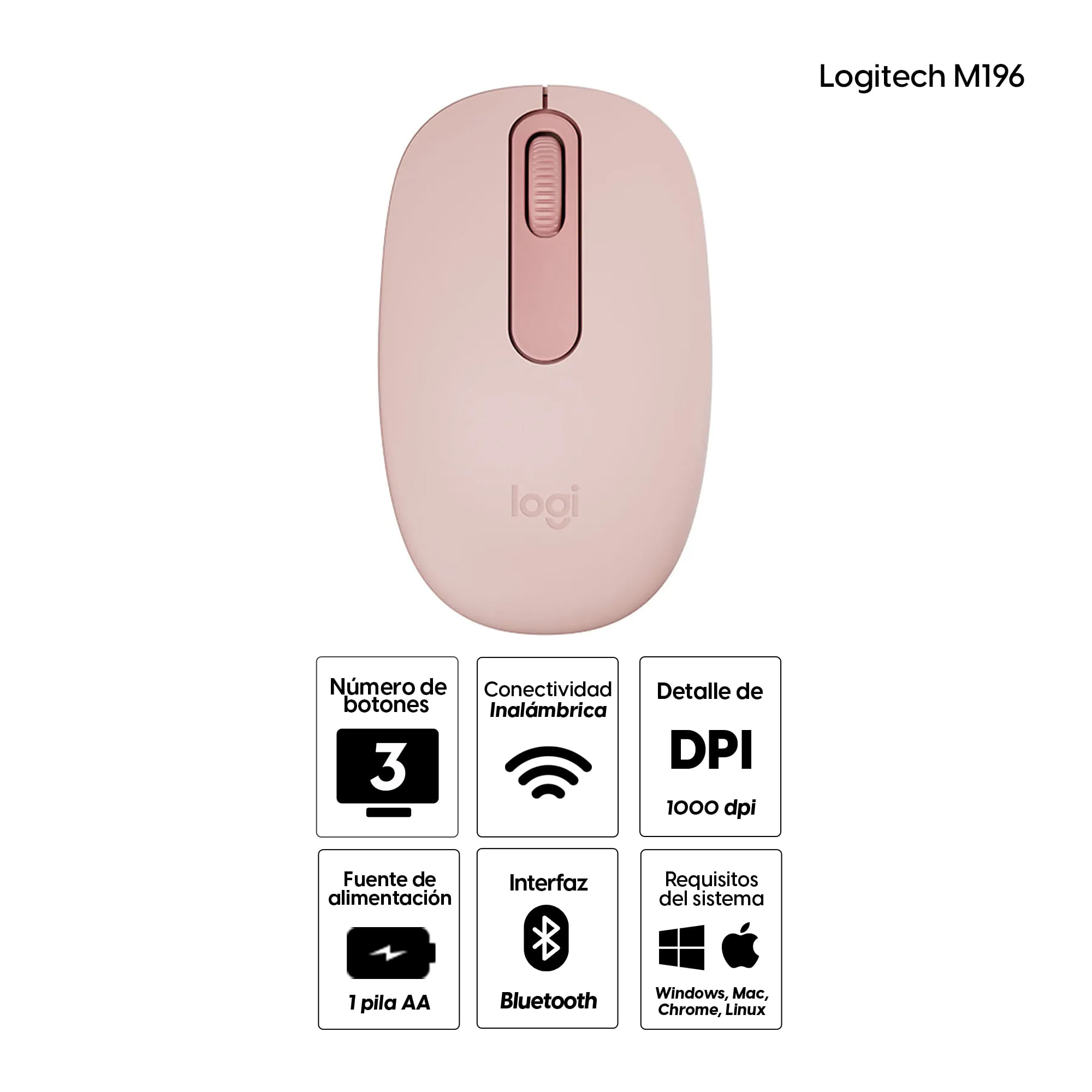 Imagen 2 del producto Mouse inalámbrico Logitech M196 bluetooth, 1000 dpi, 3 botones, usa 1 pila AA, compacto y ecológico, rosado