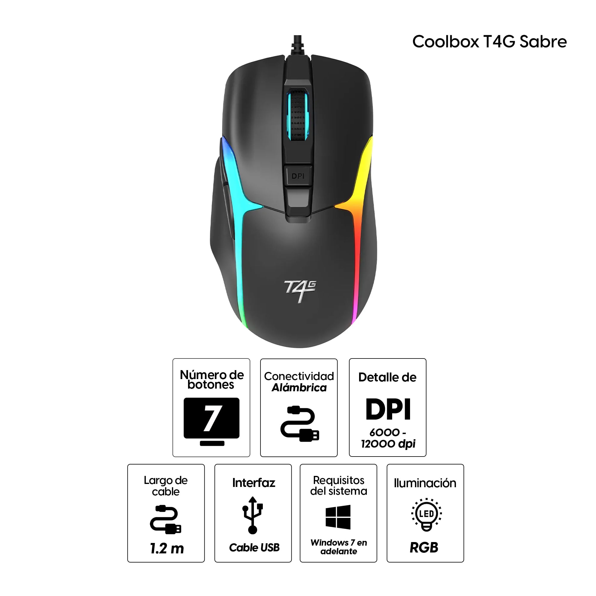 Imagen 2 del producto Mouse gamer Coolbox T4G Sabre RGB alámbrico, conexión USB, 7 botones, 12000 dpi, negro