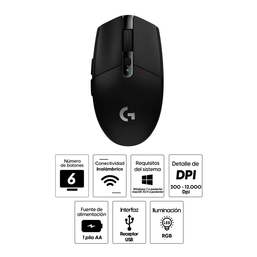 Imagen 2 del producto Mouse gamer Logitech G305 Lightspeed Wireless, receptor USB, 12000 dpi, 6 botones, usa pila, negro