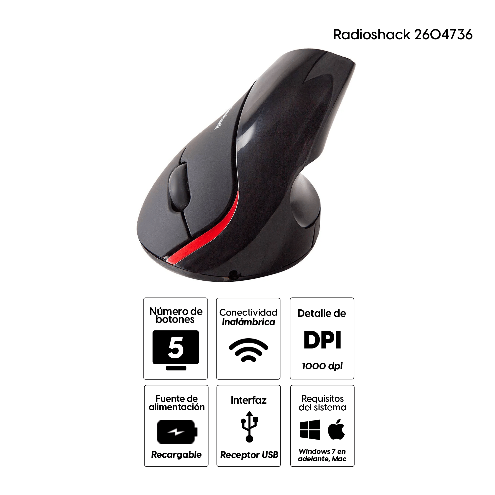 Imagen 2 del producto Mouse inalámbrico vertical Radioshack Inalámbrico Radioshack, receptor USB, 1000 dpi, 5 botones, negro