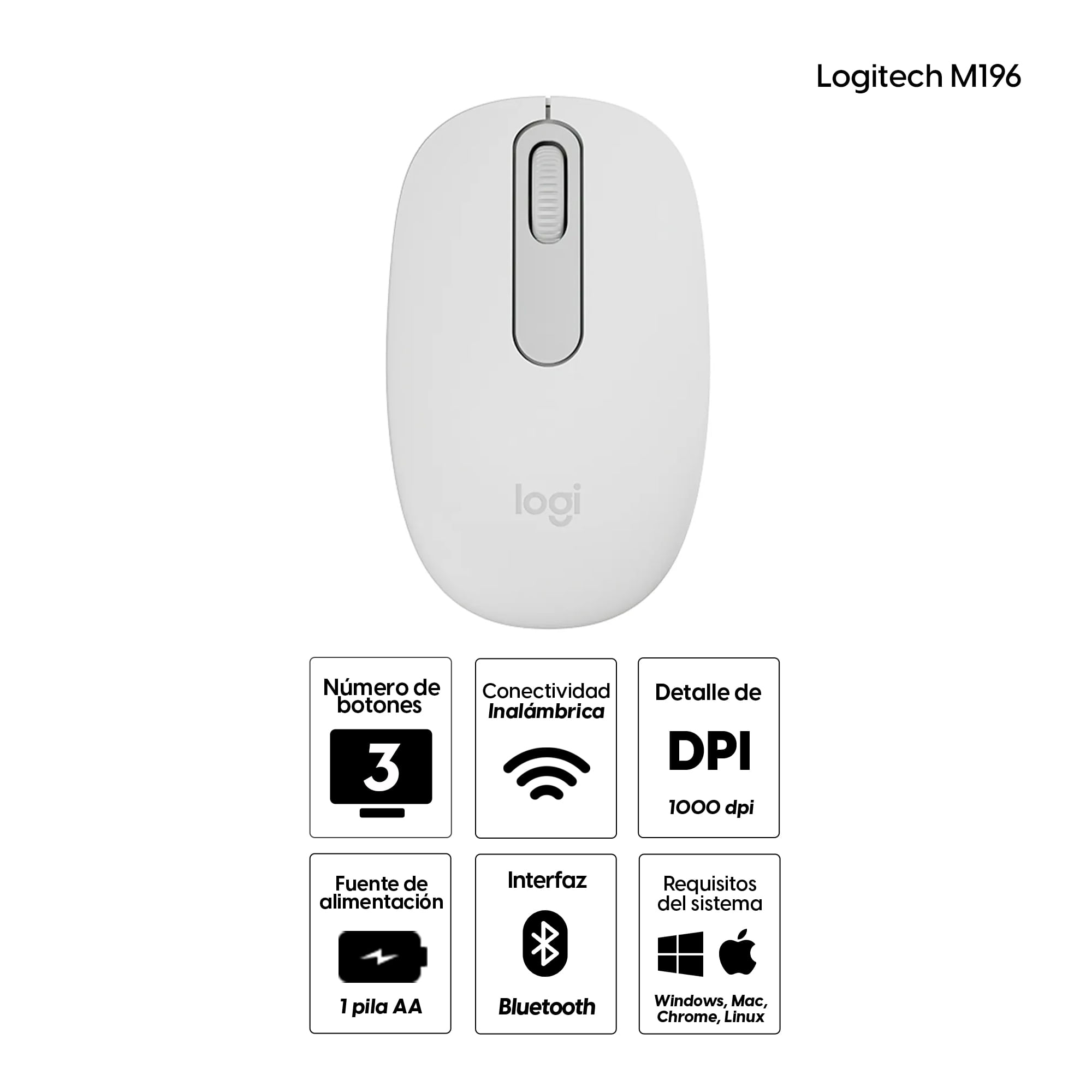 Imagen 2 del producto Mouse inalámbrico Logitech M196 bluetooth, 1000 dpi, 3 botones, usa 1 pila AA, compacto y ecológico, blanco