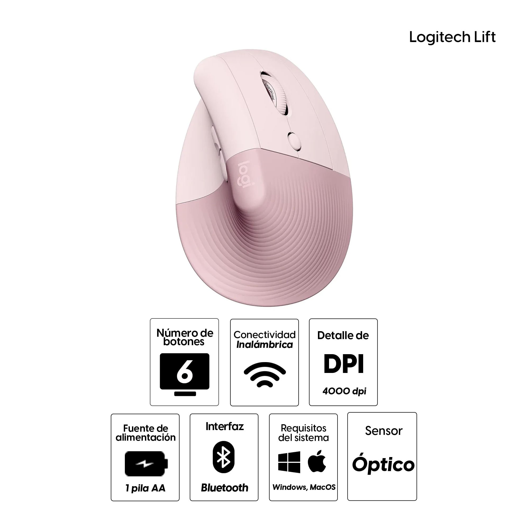 Imagen 2 del producto Mouse inalámbrico vertical Logitech Lift Inalámbrico Logitech Lift, Bluetooth y USB, 4000 dpi, 6 botones, rosado
