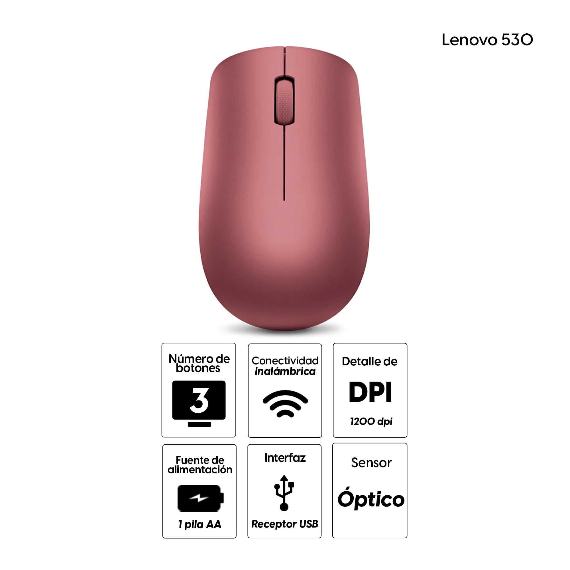 Imagen 2 del producto Mouse inalámbrico Lenovo 530 óptico, 1200 DPI, 3 botones, compacto y liviano, receptor USB 2.0, ideal para oficina, rojo
