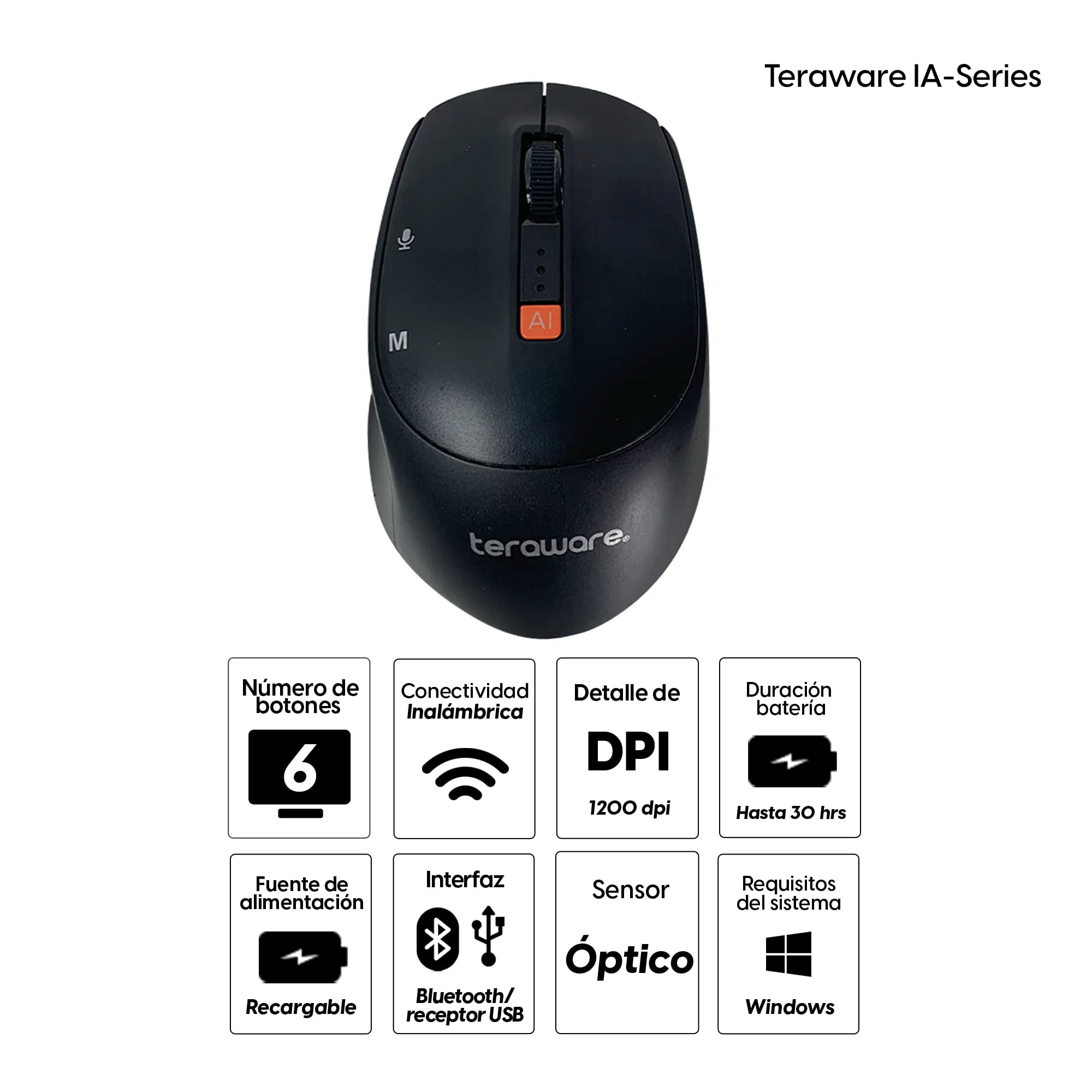 Imagen 2 del producto Mouse inalámbrico Coolbox Teraware IA-Series Inalámbrico Coolbox Teraware IA-Series, Bluetooth y 2.4G, 1200 dpi, 6 botones, negro, recargable