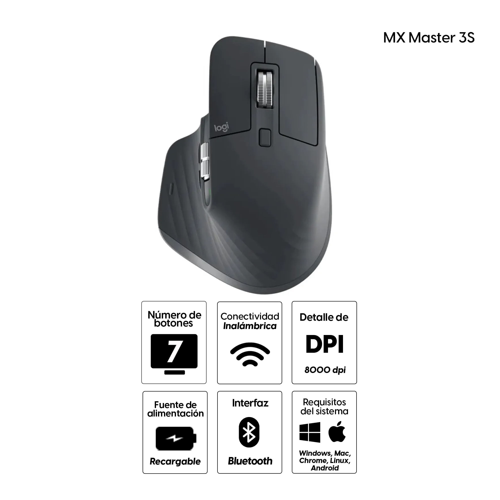 Imagen 2 del producto Mouse inalámbrico Logitech MX Master 3S Inalámbrico Logitech MX Master 3S, Bluetooth, 8000 dpi, 7 botones, negro, recargable