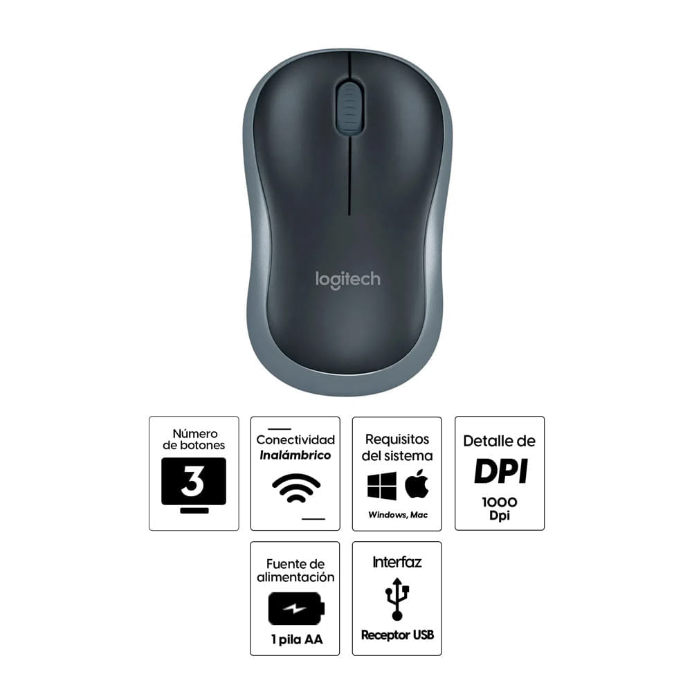 Imagen 2 del producto Mouse inalámbrico Logitech M185 Inalámbrico Logitech M185, receptor USB, 1000 dpi, 3 botones, gris