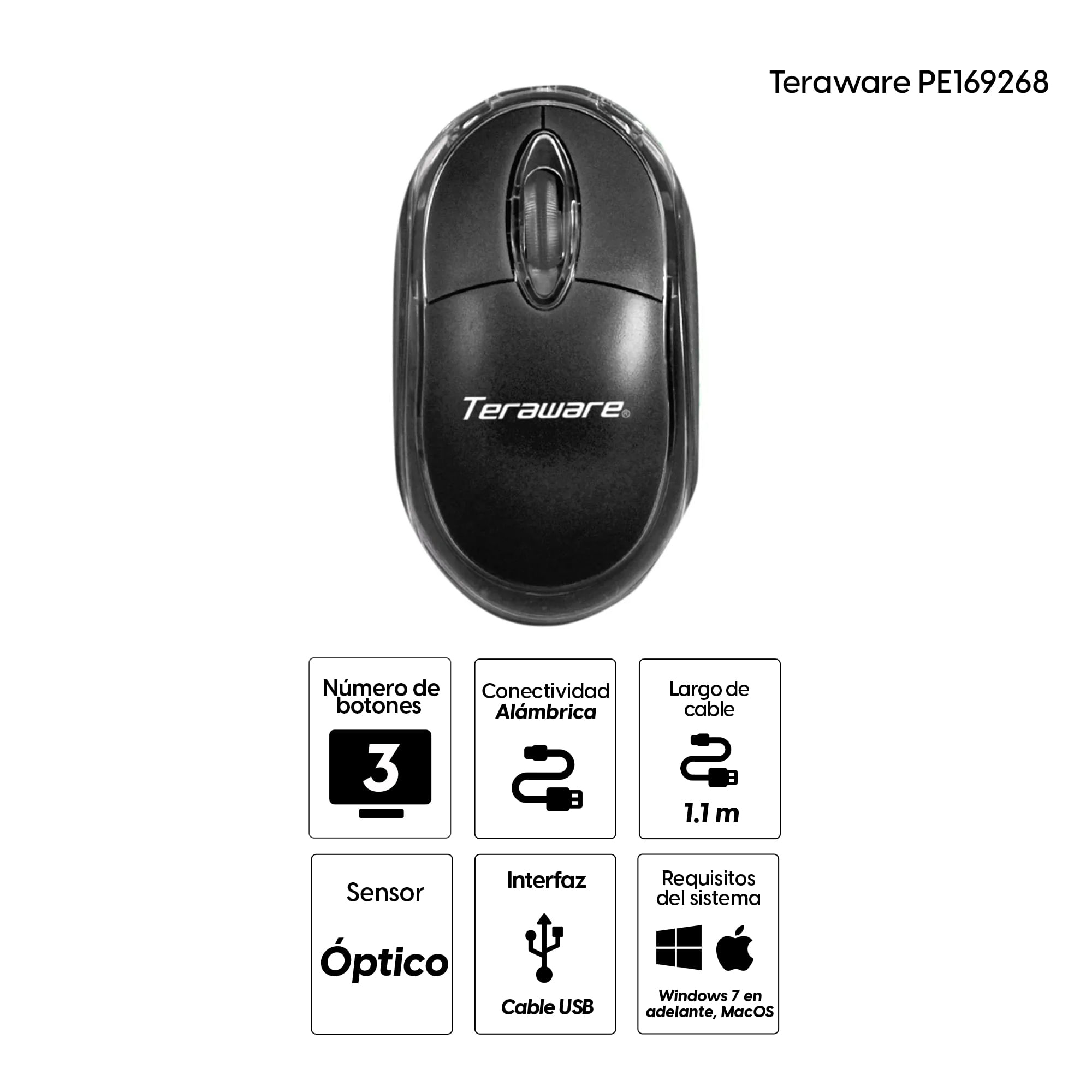 Imagen 2 del producto Mouse alámbrico Coolbox Teraware PE169268 Alámbrico Coolbox Teraware PE169268, USB, 1000 dpi, 3 botones, negro