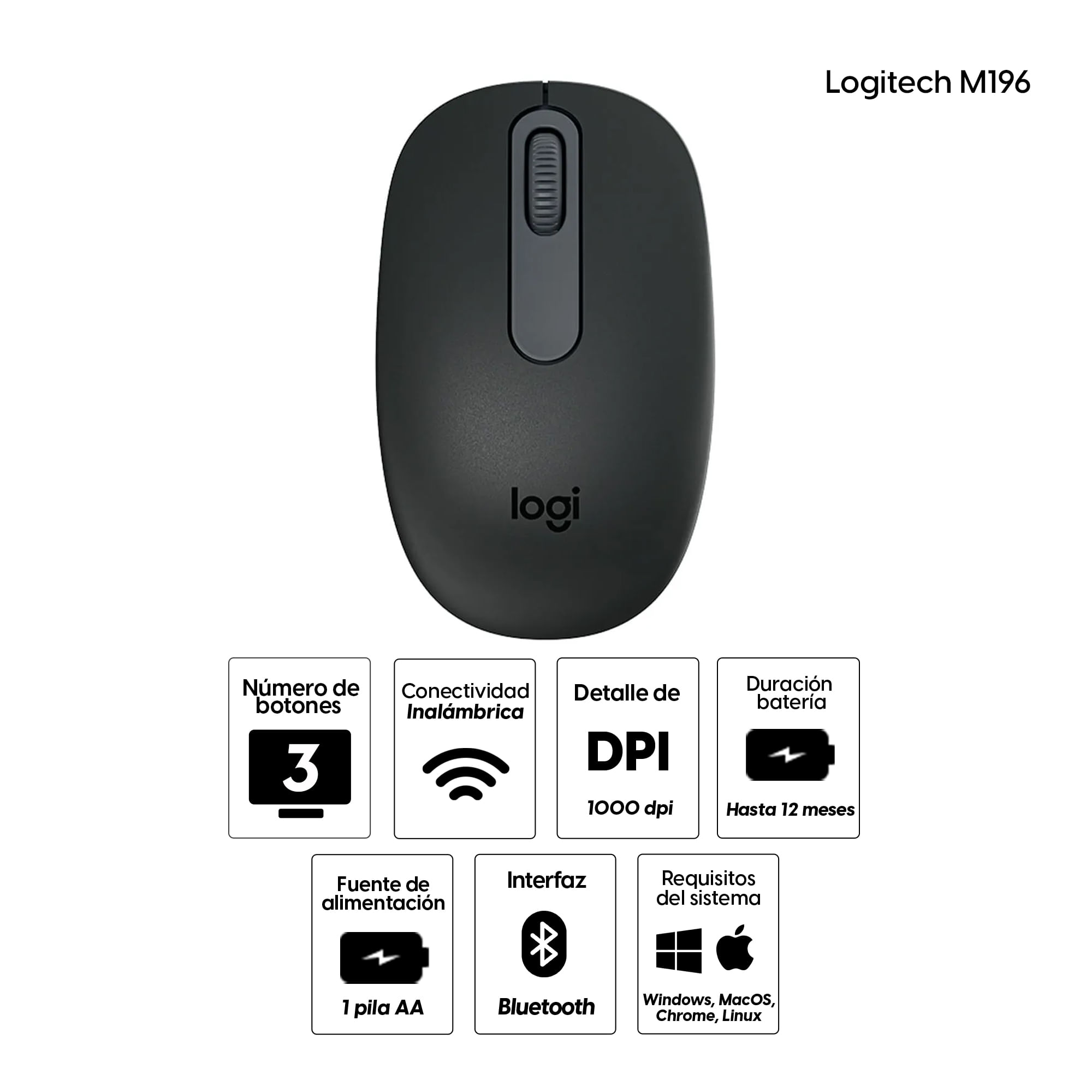 Imagen 2 del producto Reacondicionado: Mouse inalámbrico Logitech M196 bluetooth, 1000 dpi, 3 botones, usa 1 pila AA, compacto y ecológico, grafito