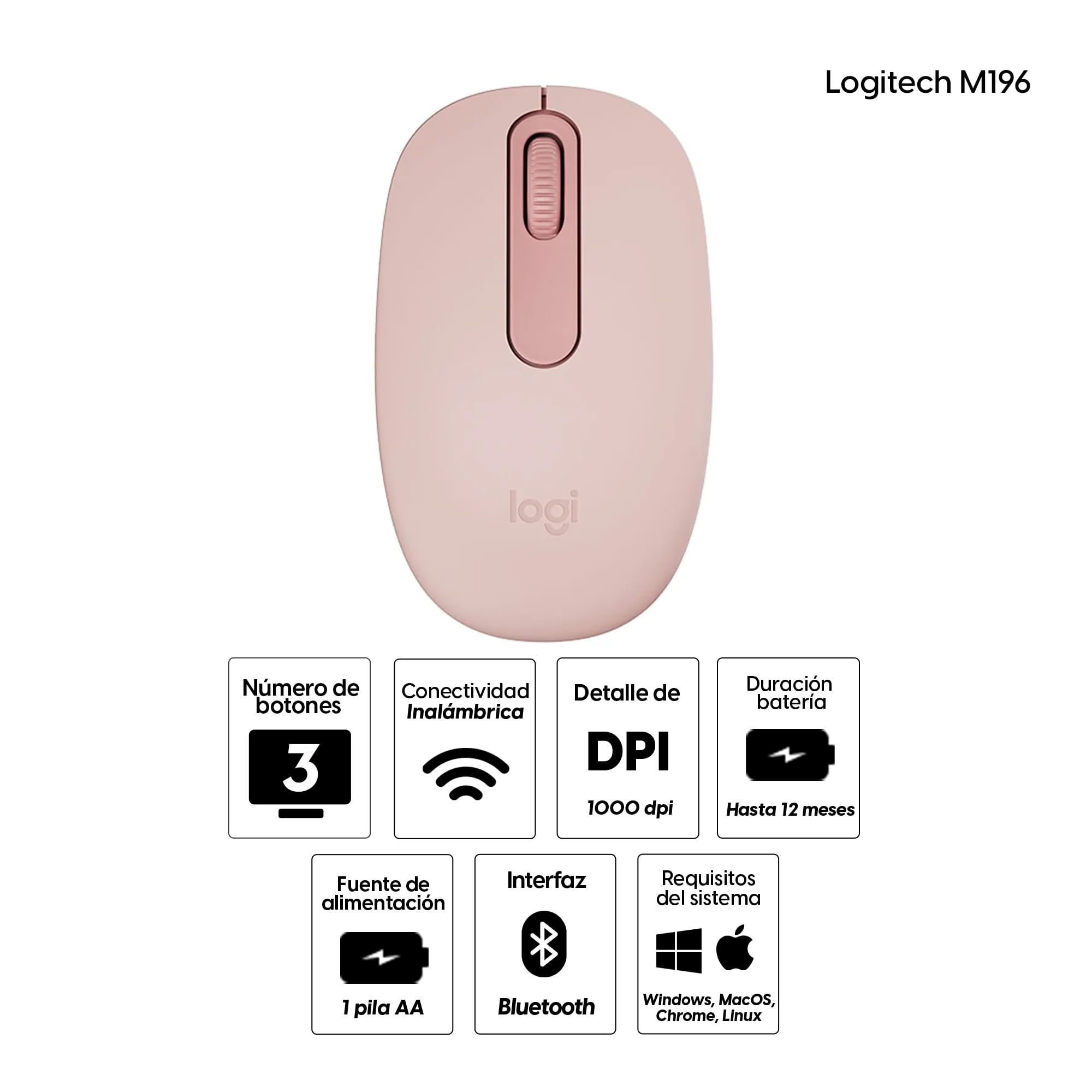 Imagen 2 del producto Reacondicionado: Mouse inalámbrico Logitech M196 bluetooth, 1000 dpi, 3 botones, usa 1 pila AA, compacto y ecológico, rosado