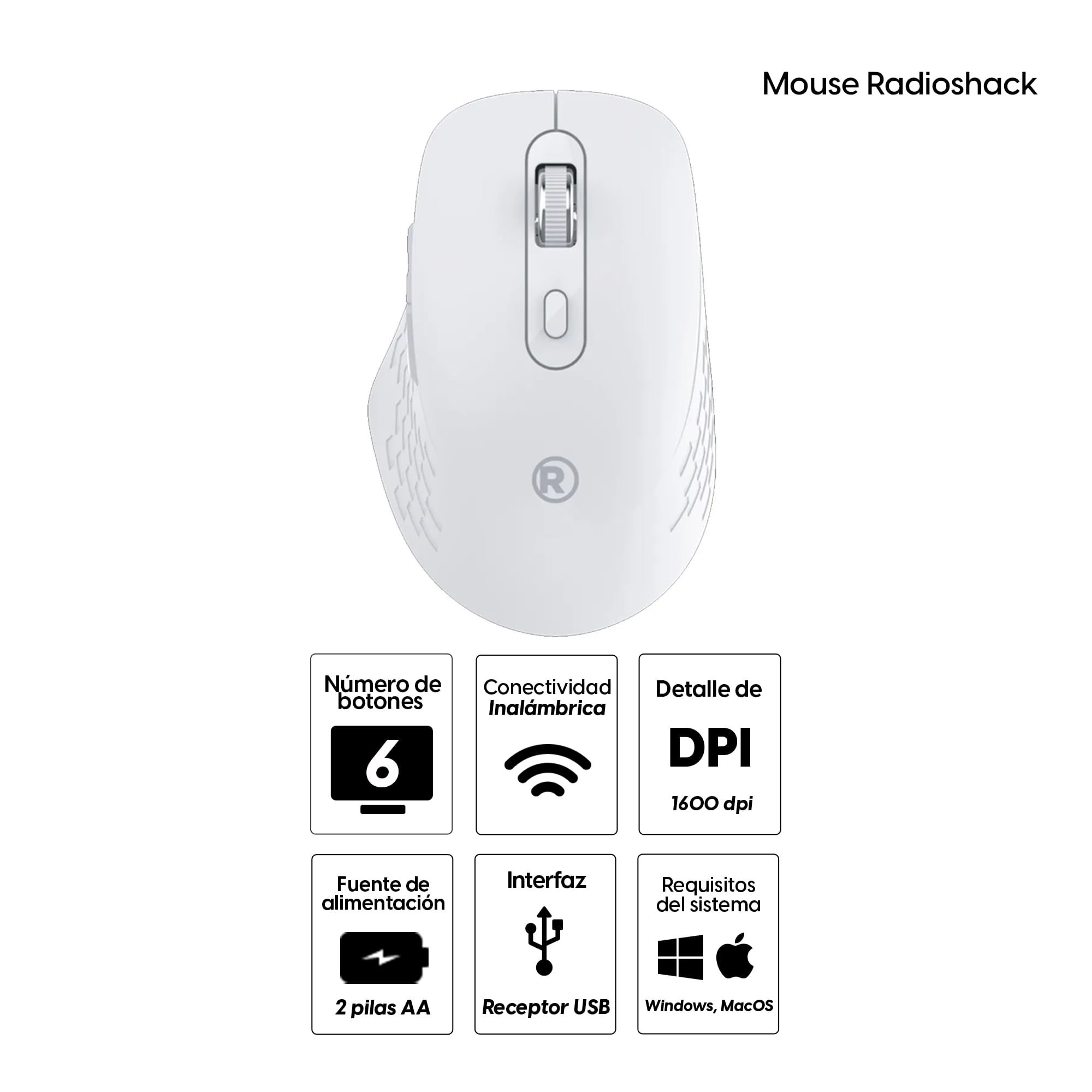 Imagen 2 del producto Mouse inalámbrico Radioshack 1600 dpi, 6 botones, blanco