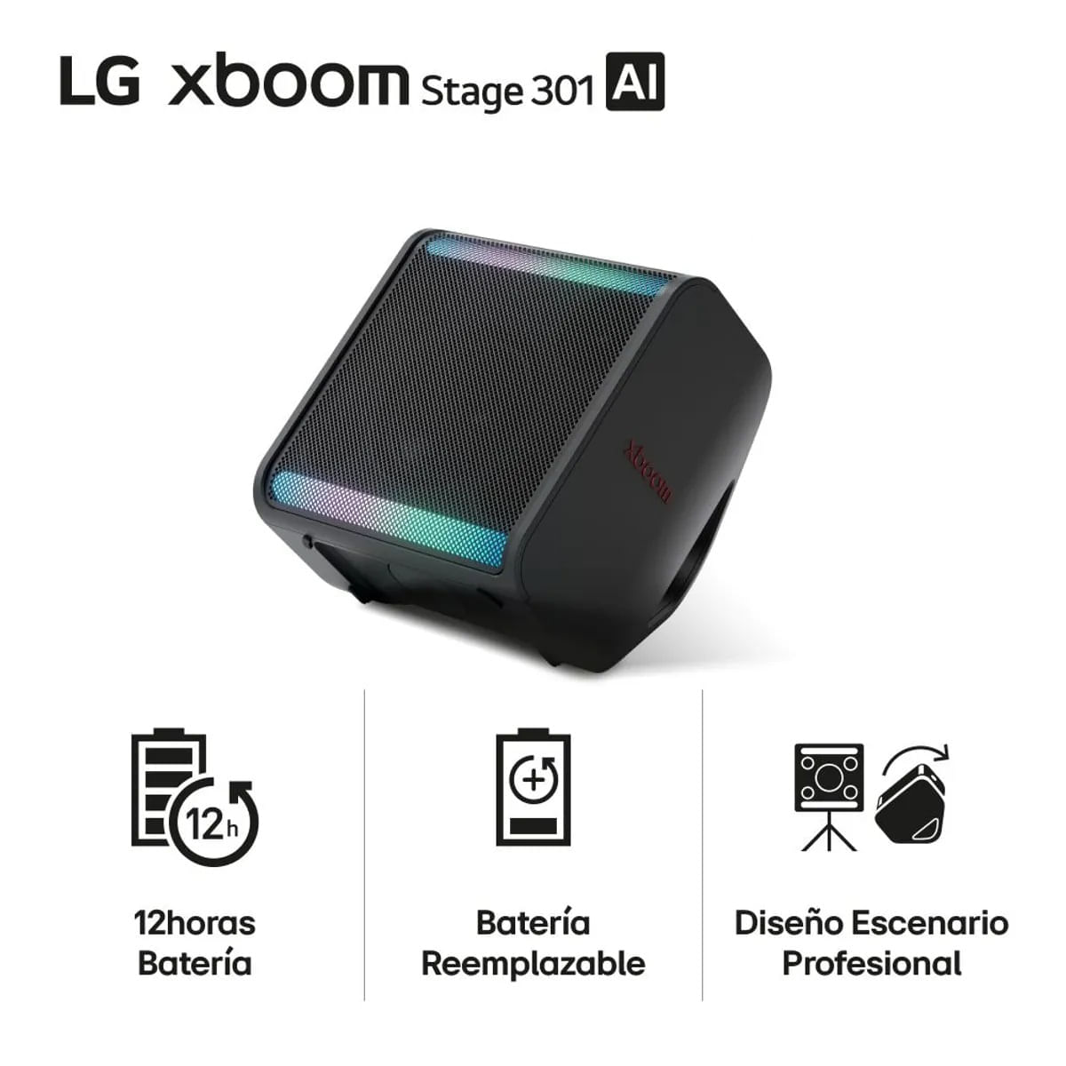 Imagen 2 del producto Parlante bluetooth LG XBOOM Stage 301 120W IPX4, iluminación con IA, negro