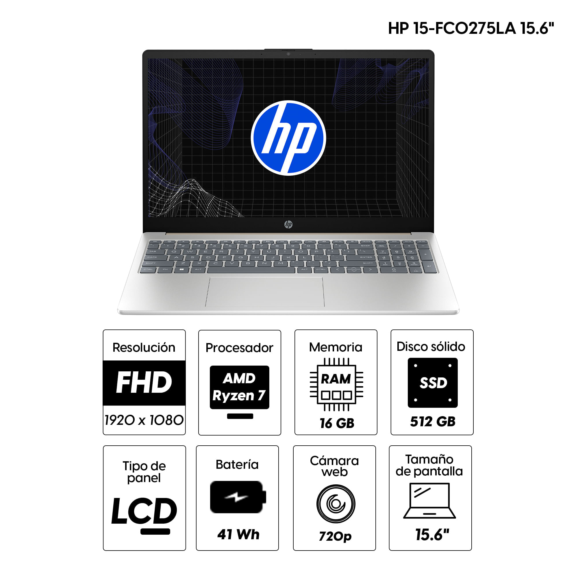 Imagen 2 del producto Laptop HP 15-FC0275LA 15.6"" AMD Ryzen 7 7730U 2.0, 512GB SSD, 16GB RAM, AMD, FreeDOS - sin sistema operativo, dorado