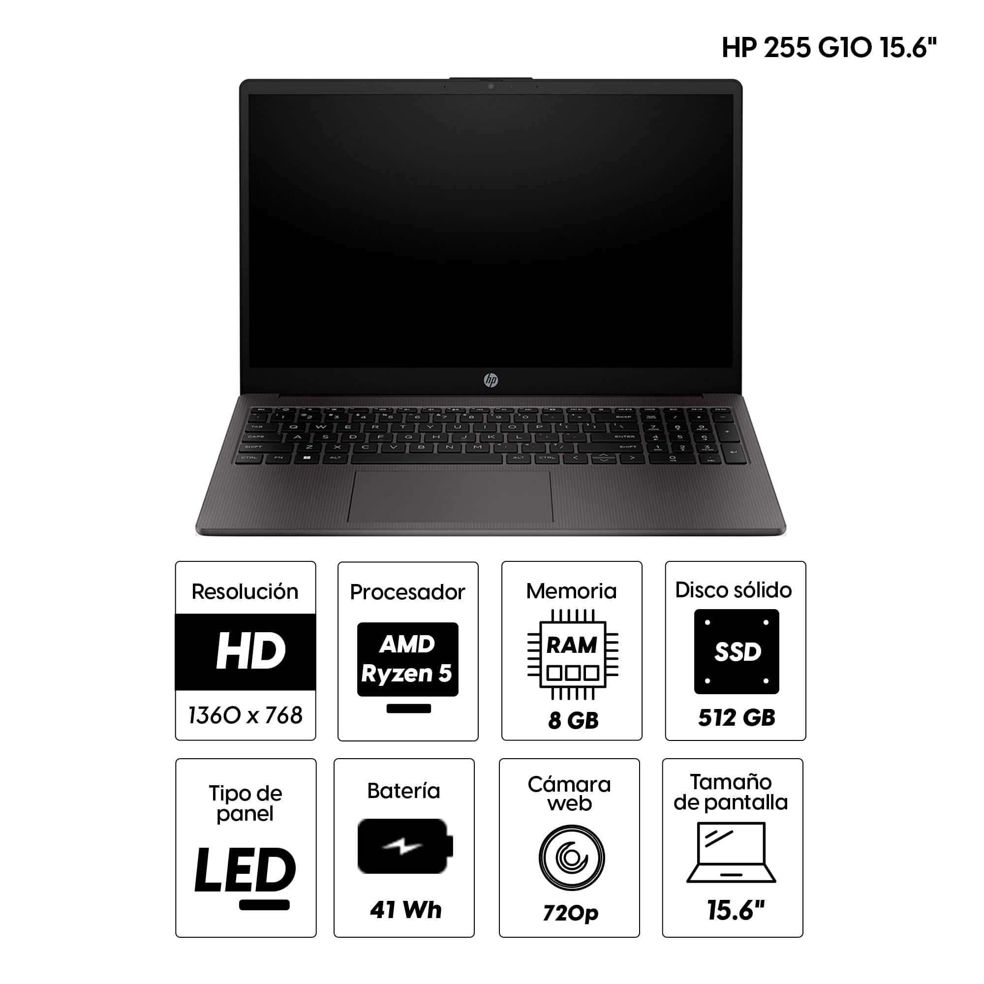 Imagen 2 del producto Laptop HP 255 G10 15.6"" AMD Ryzen 5 7520U, 512GB SSD, 8GB RAM, FreeDOS - sin sistema operativo, plateado ceniza oscuro