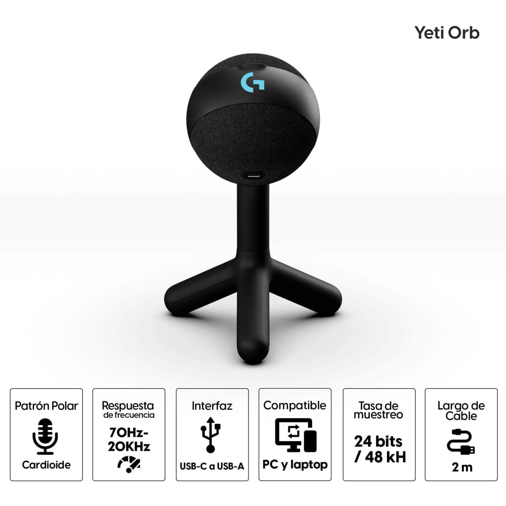 Imagen 2 del producto Micrófono gamer Logitech G Yeti Orb RGB con LIGHTSYNC, condensador, conexión USB, Cardioide, negro