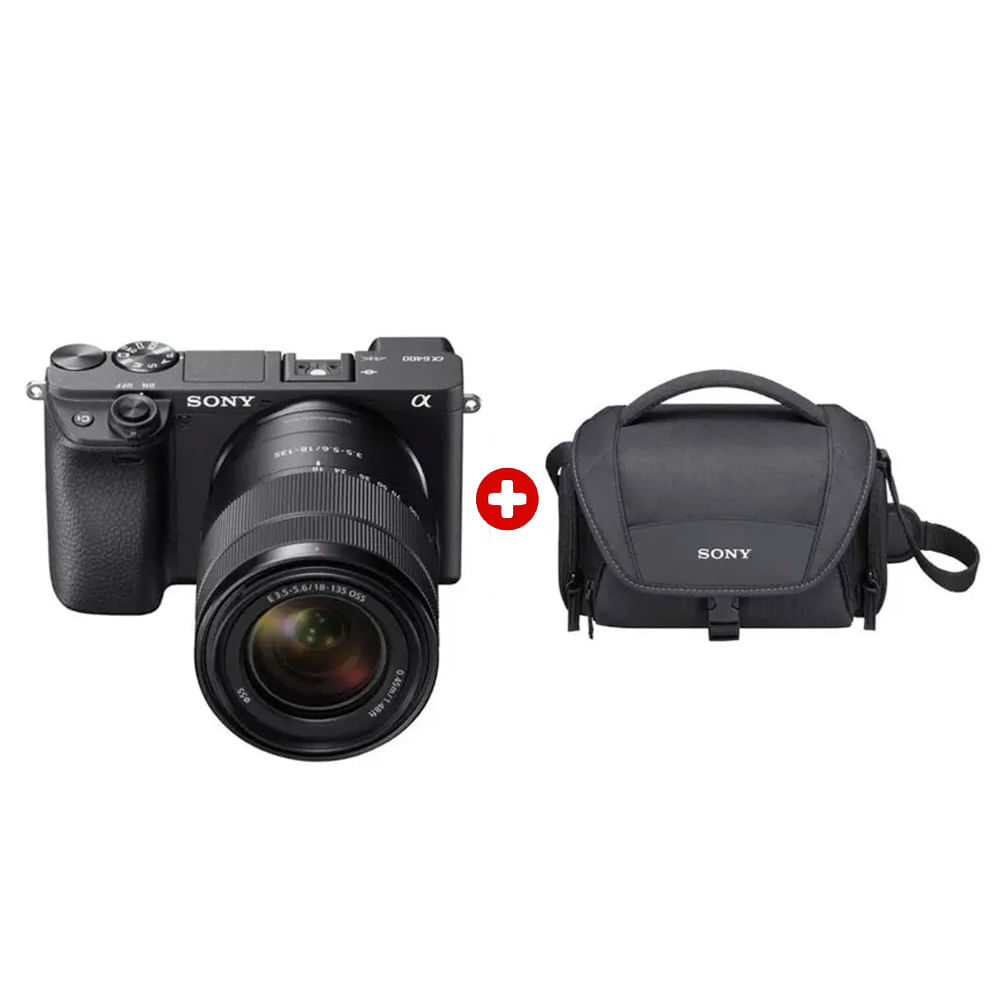 Cámara semi profesional mirrorless Sony Alpha a6400 APS-C, con lente 18-135mm + maletín de transporte LCS-U21, negro