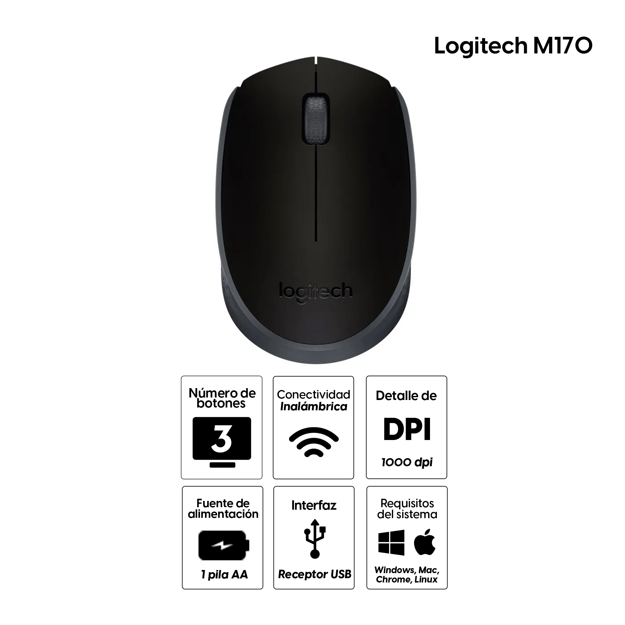 Imagen 2 del producto Mouse inalámbrico Logitech M170, USB 2.4GHz, 1000 DPI, 3 botones, negro
