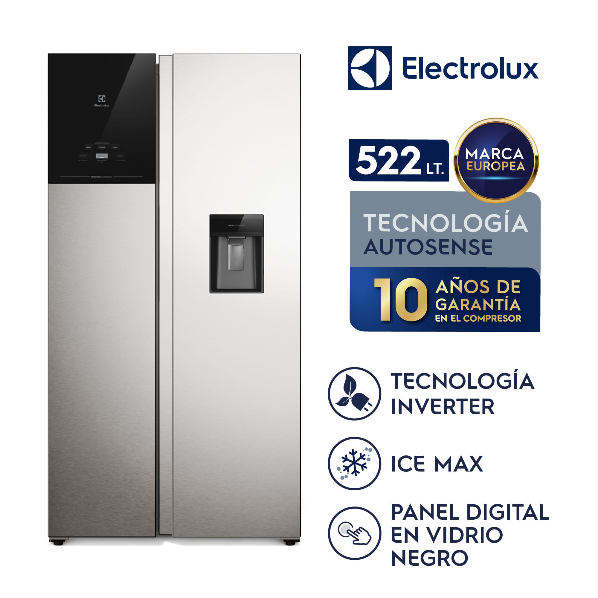 Imagen 2 del producto Refrigerador Electrolux No Frost Side by Side, 522 litros, Inverter AutoSense, dispensador de agua, gris