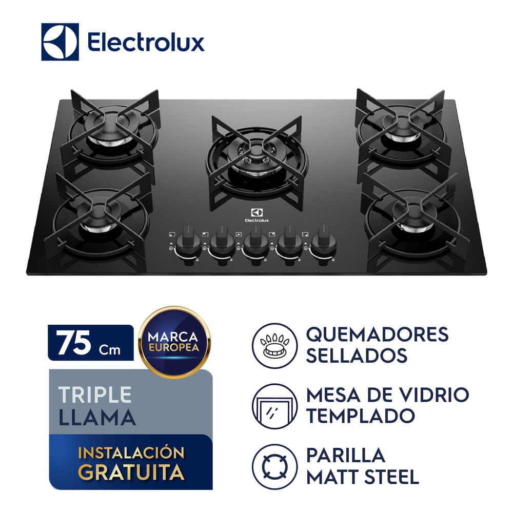 Imagen 2 del producto Cocina empotrable a gas Electrolux Efficient KE5GT, 5 hornillas, vitrocerámica, triple llama
