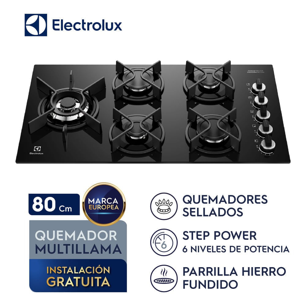 Imagen 2 del producto Cocina empotrable a gas Electrolux Expert KE5GW, 5 hornillas, multi llama, parrillas de hierro fundido