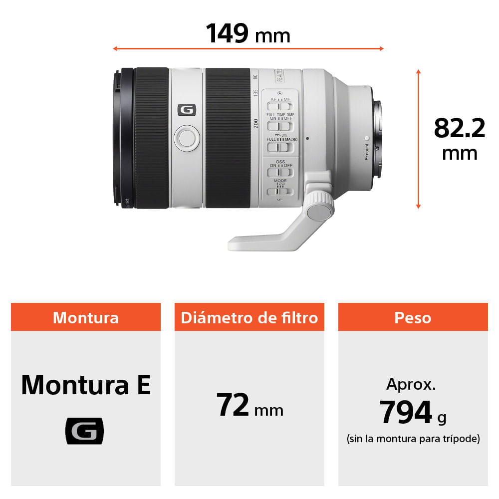 Imagen 2 del producto Lente Sony SEL70200G2 zoom teleobjetivo 70-200mm, apertura máx. F4, montura E, blanco