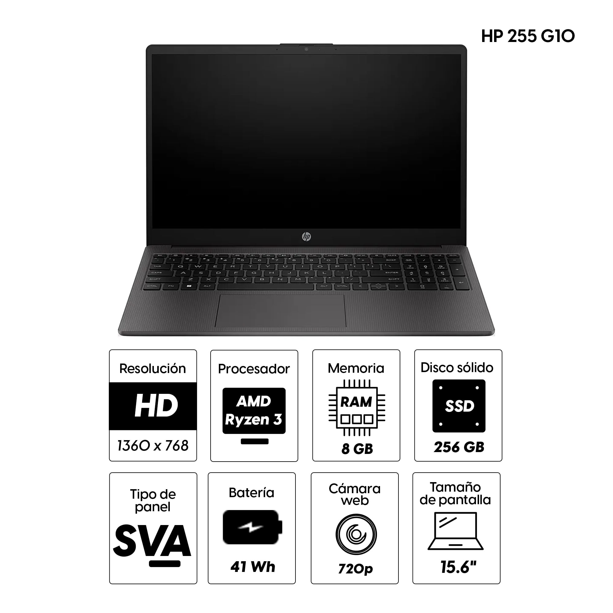 Imagen 2 del producto Combo: Laptop HP 255 G10 15.6"" AMD Ryzen 3, 256GB SSD, 8GB RAM, FreeDOS - sin sistema operativo + Licencia digital Microsoft Windows 11 Home Retail