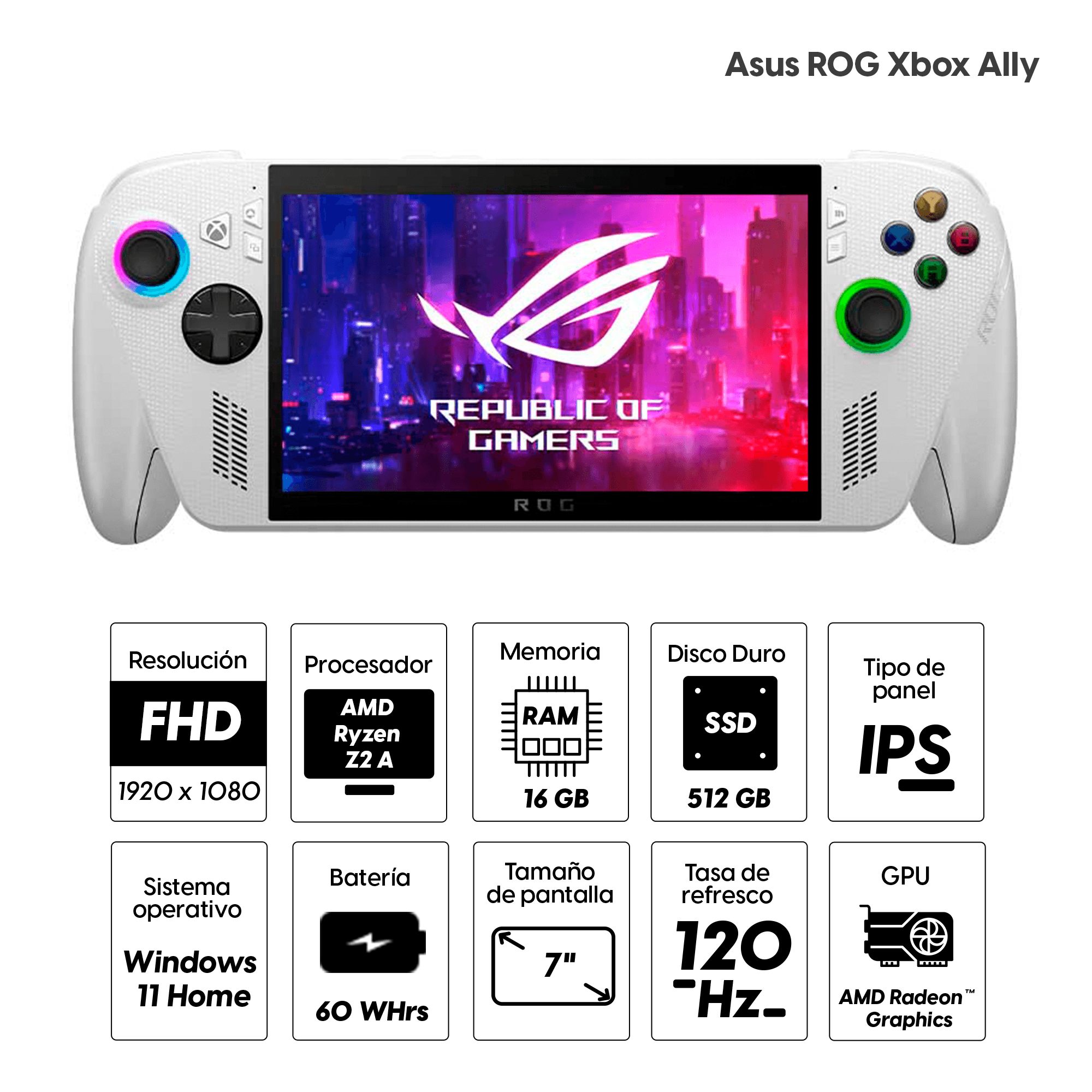 Imagen 2 del producto Consola portátil Asus ROG Xbox Ally 2025 7"" AMD Ryzen Z2 A, 512GB SSD, 16GB RAM, 120Hz, Win11, blanco + 3 meses Xbox Game Pass
