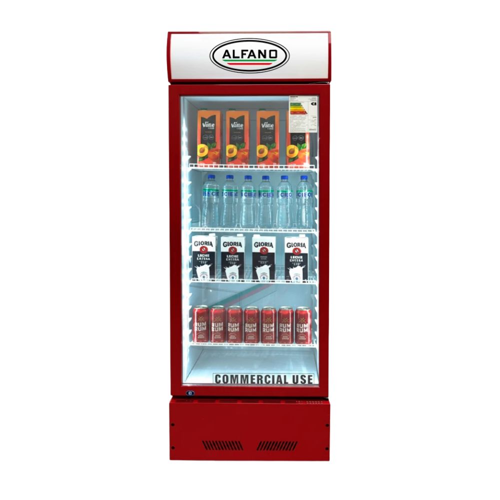 Vitrina exhibidora Alfano 350L, SC-350 XDC, refrigerada, 0° a 10°C, 4 parrillas, LED, comercial, rojo