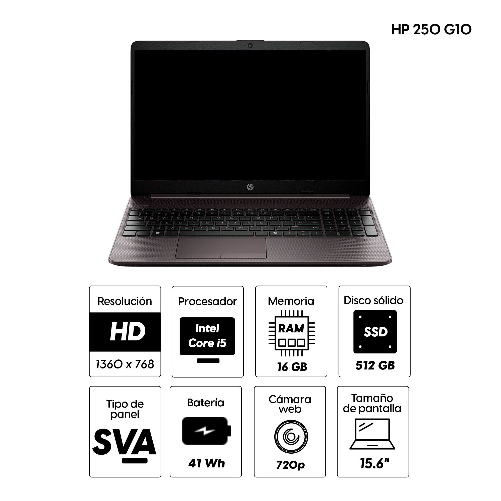 Imagen 2 del producto Combo: Laptop HP 250 G10 15.6"" Intel Core i5, 512GB SSD, 16GB RAM, FreeDOS - sin sistema operativo + Licencia digital Microsoft Windows 11 Home Retail