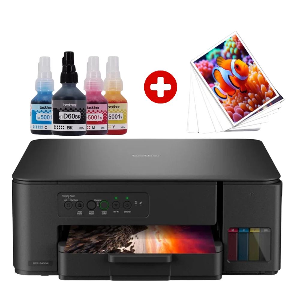Impresora multifuncional Brother DCP-T430W, inyección de tinta, inalámbrica, Wi-Fi, con tanques recargables + 4 botellas de tintas + papel foto
