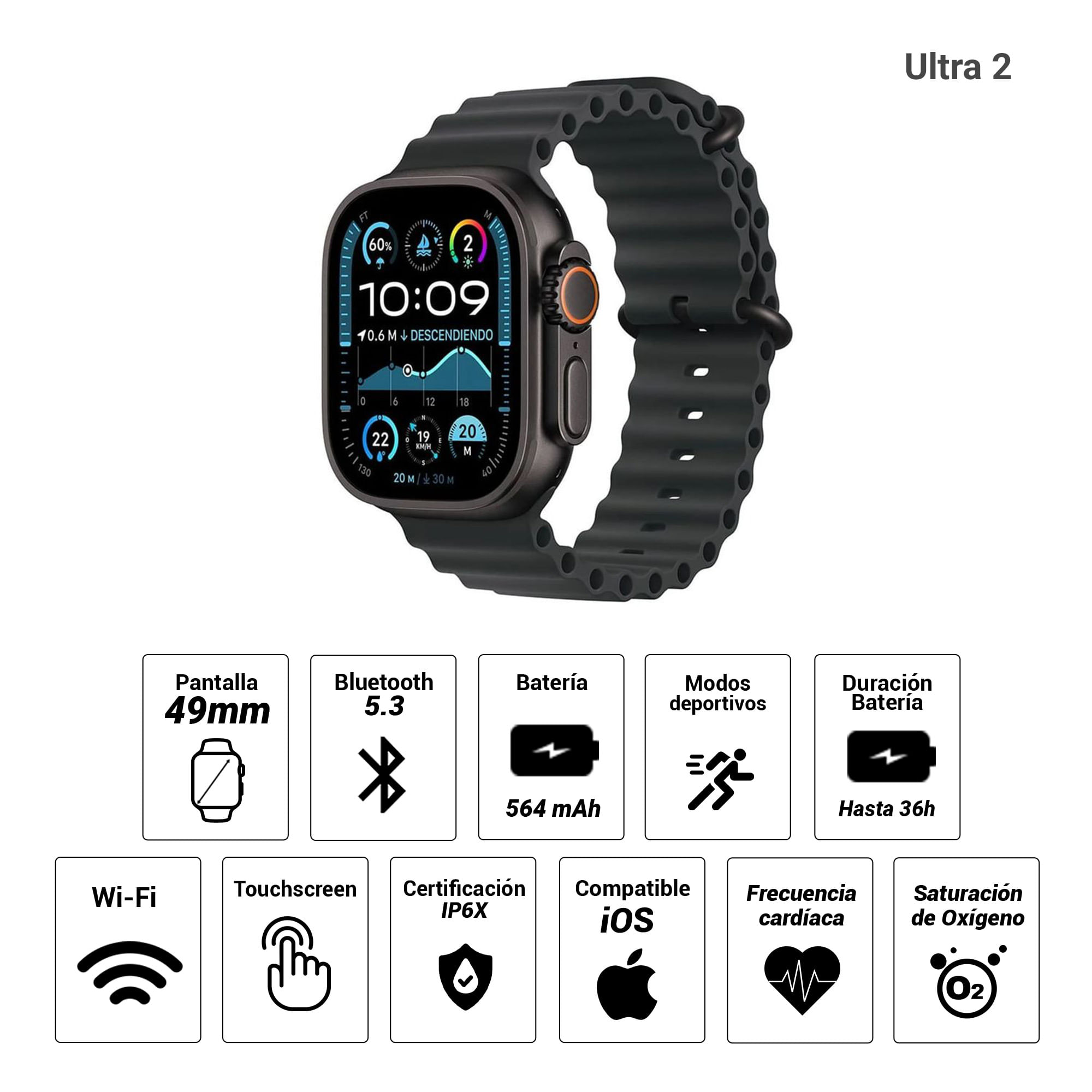 Imagen 2 del producto Apple Watch Ultra 2 49mm/OLED, GPS, resistencia al agua 50m, batería hasta 36 horas, Talla M/L, memoria 64GB, negro