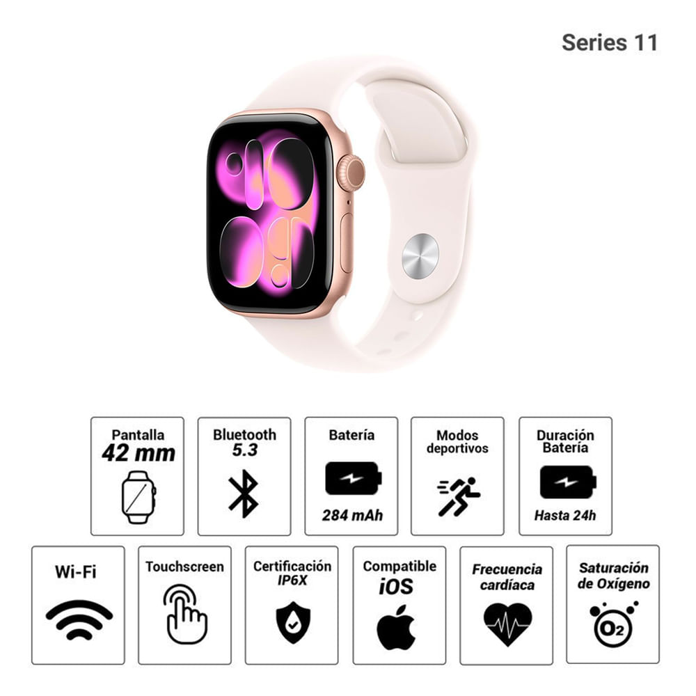 Imagen 2 del producto Apple Watch Series 11 42mm/OLED, resistente al agua hasta 50 m, batería hasta 24 horas, correa S/M, oro rosa
