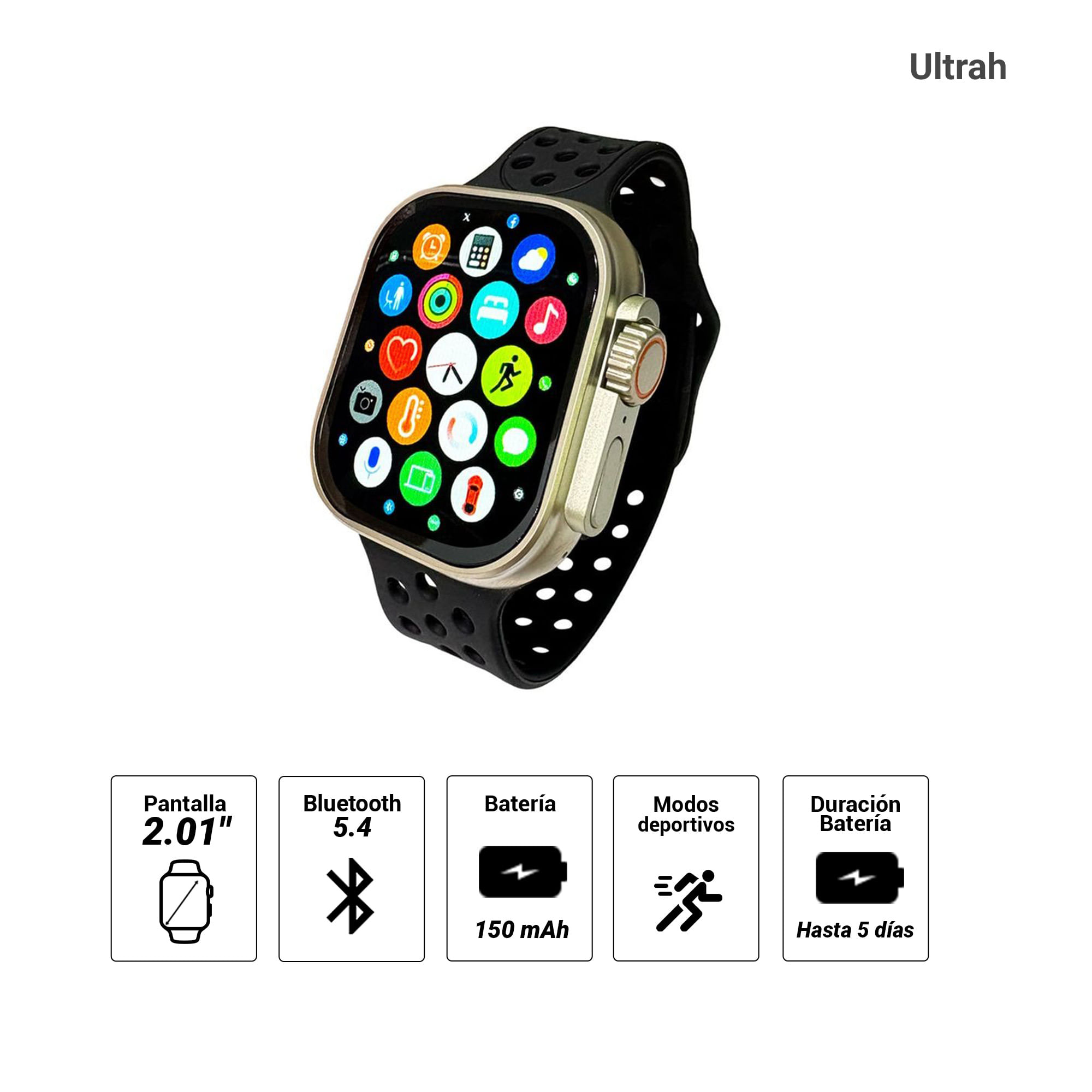 Imagen 2 del producto Smartwatch Roadtrip Ultrah, pantalla LCD 2.01"", micrófono incorporado, modos deportivos, batería aprox. 5 días, negro + correas