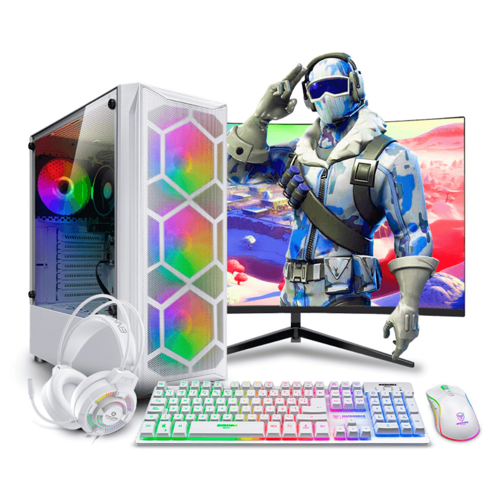 PC armada: Ryzen 7 5700G, 500GB SSD, 16GB RAM, case de torre, FreeDos - sin sistema operativo, monitor 24" curvo + teclado, blanco