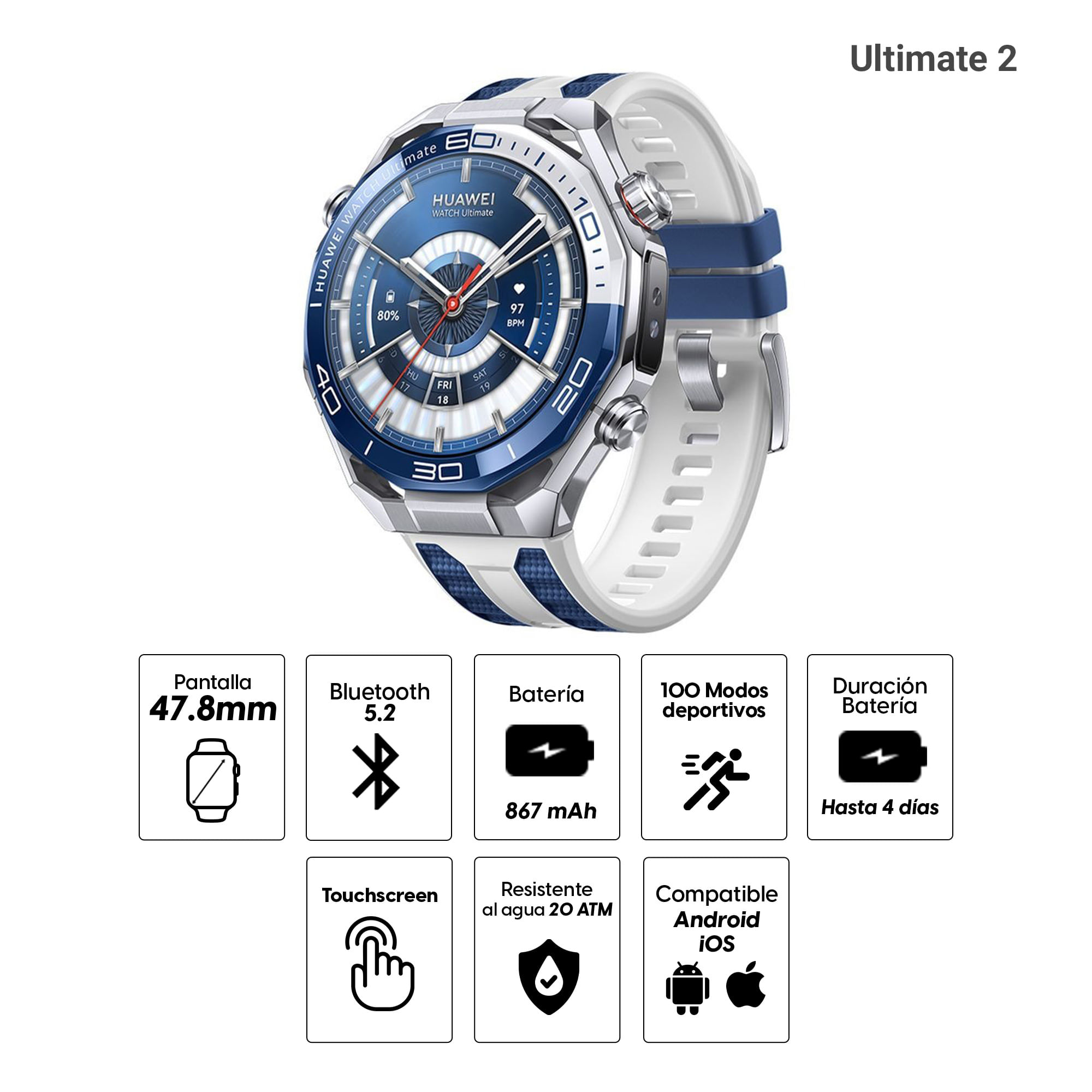 Imagen 2 del producto Smartwatch Huawei Ultimate 2 47.8mm, pantalla AMOLED, resistente al agua 20 ATM, certificación IP68, monitoreo de salud, batería hasta 4 días, azul