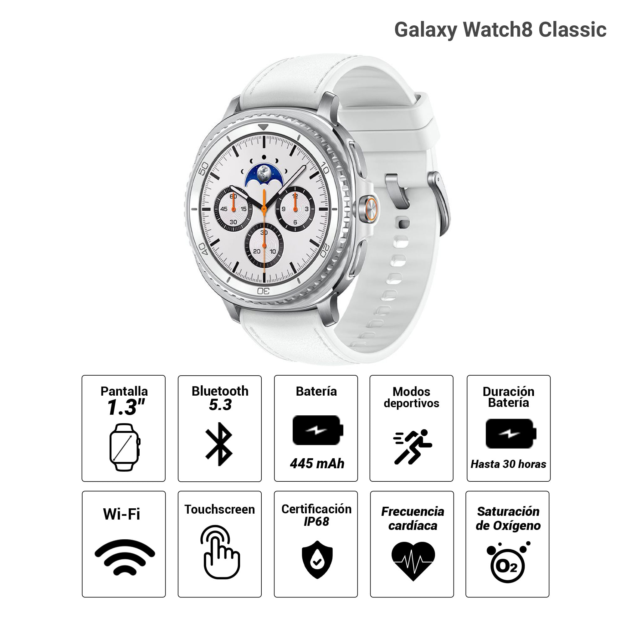Imagen 2 del producto Smartwatch Samsung Galaxy Watch8 Classic pantalla 1.3""/ Super AMOLED, certificación 5ATM/IP68, batería hasta 30 horas, blanco