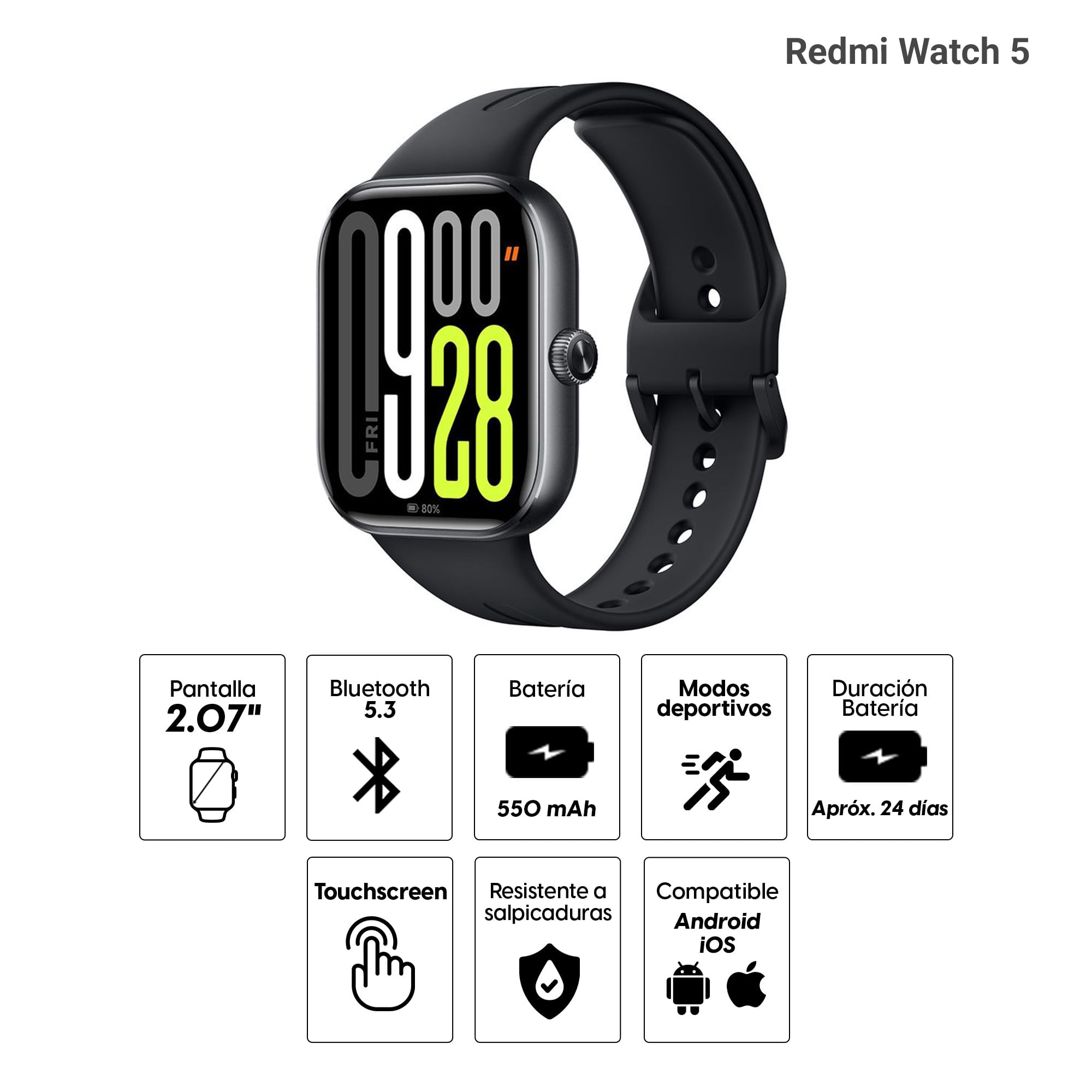 Imagen 2 del producto Smartwatch Xiaomi Redmi Watch 5 pantalla 2.07""/ AMOLED "", resistencia al agua 5ATM, llamadas BT, batería hasta 24 días, modos deportivos, negro