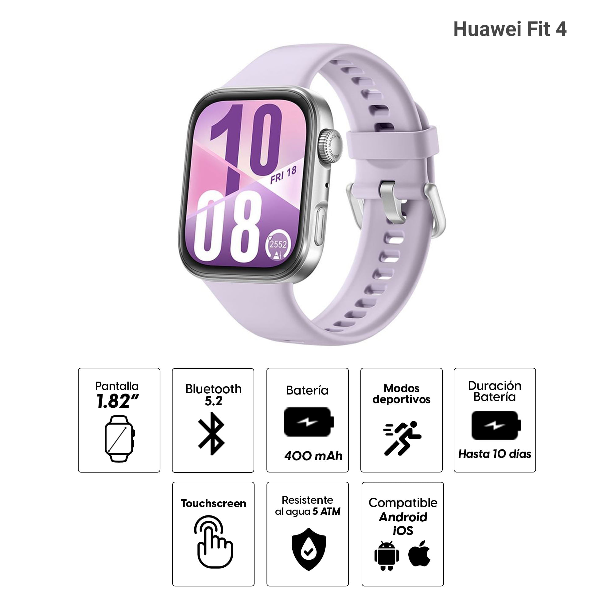 Imagen 2 del producto Smartwatch Huawei Fit 4 pantalla 1.82” /AMOLED, monitoreo de salud, 10 días, GPS dual, resistencia al agua 5 ATM, funciones deportivas, morado