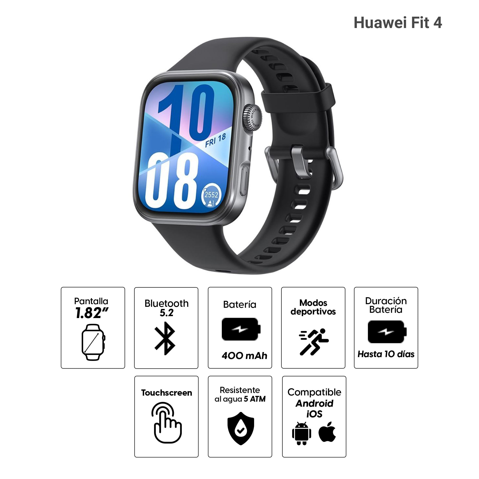 Imagen 2 del producto Smartwatch Huawei Fit 4 pantalla 1.82” /AMOLED, monitoreo de salud, batería 10 días, GPS dual, resistencia al agua 5 ATM, funciones deportivas, negro