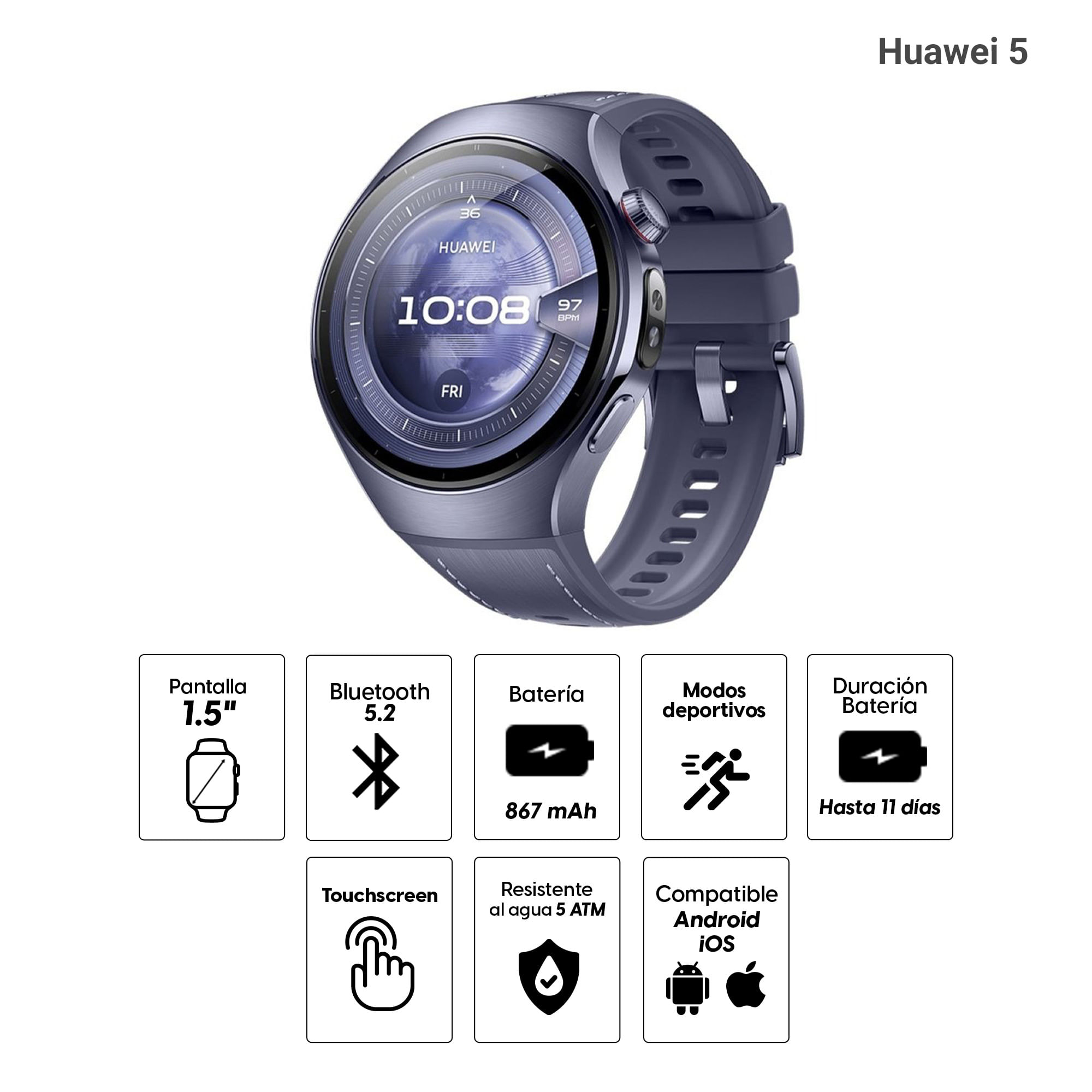 Imagen 2 del producto Smartwatch Huawei 5 pantalla 46mm/AMOLED, Esim, GPS, X-tap, resistente al agua 5ATM, batería hasta 11 días, morado