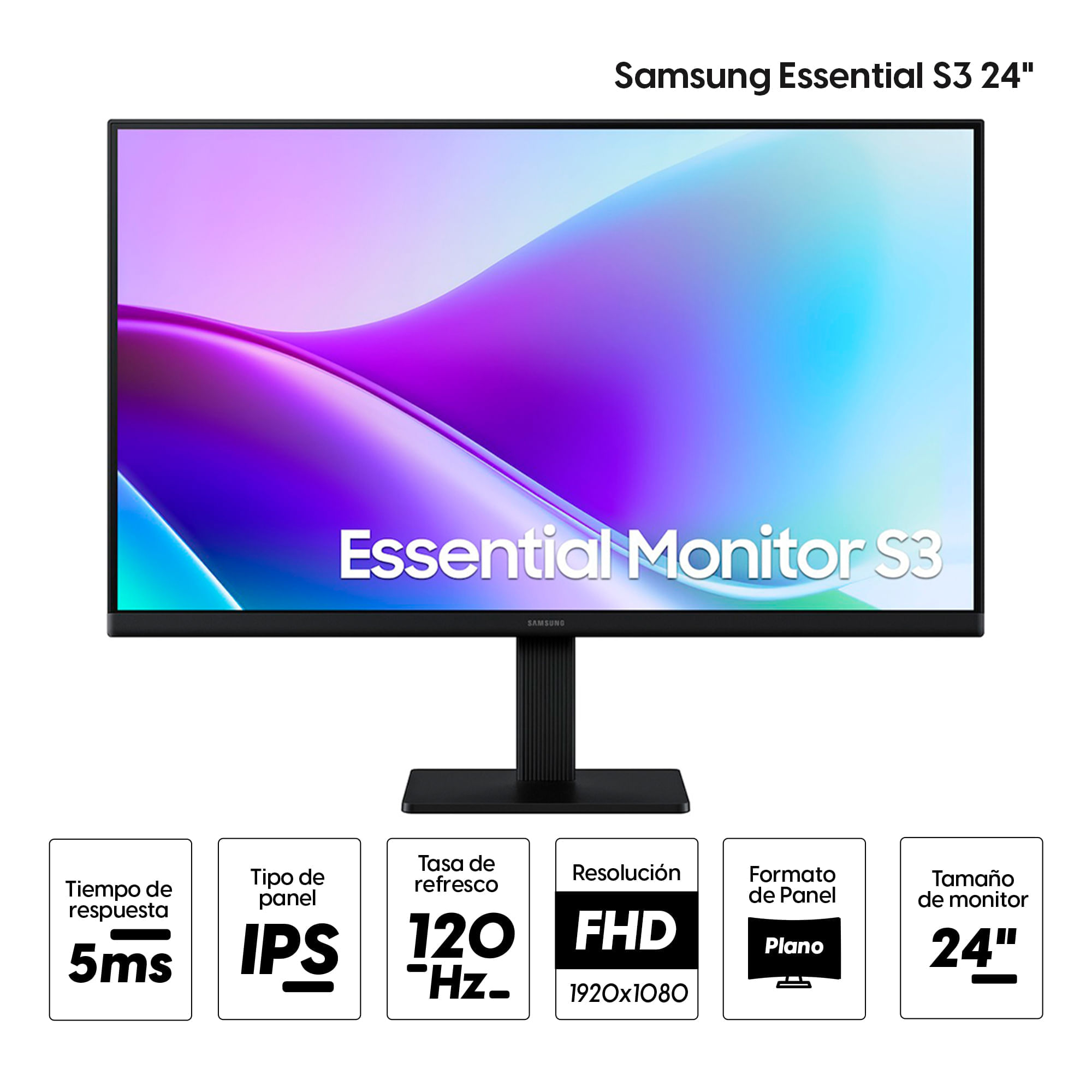 Imagen 2 del producto Monitor plano Samsung Essential S3 LS24F320GANXZA 24"" Panel IPS, FHD, 120 Hz, 5ms, entradas HDMI