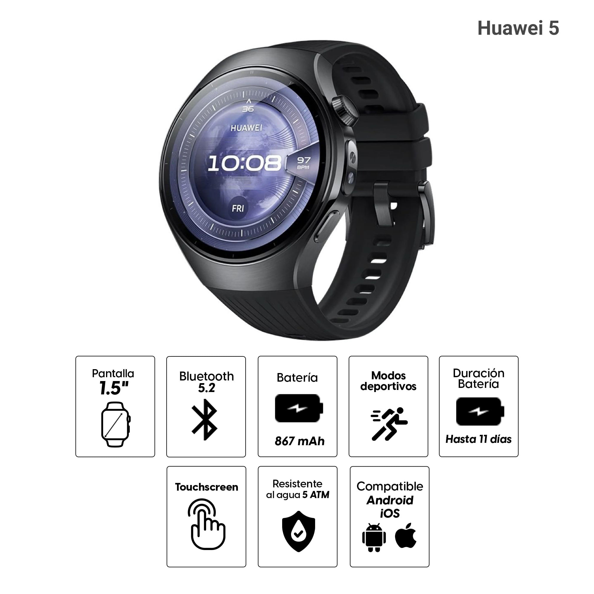 Imagen 2 del producto Smartwatch Huawei Watch 5 pantalla 46mm/ AMOLED 1.5"", Esim, GPS, X-tap, resistencia al agua 5 ATM, batería hasta 11 días, negro