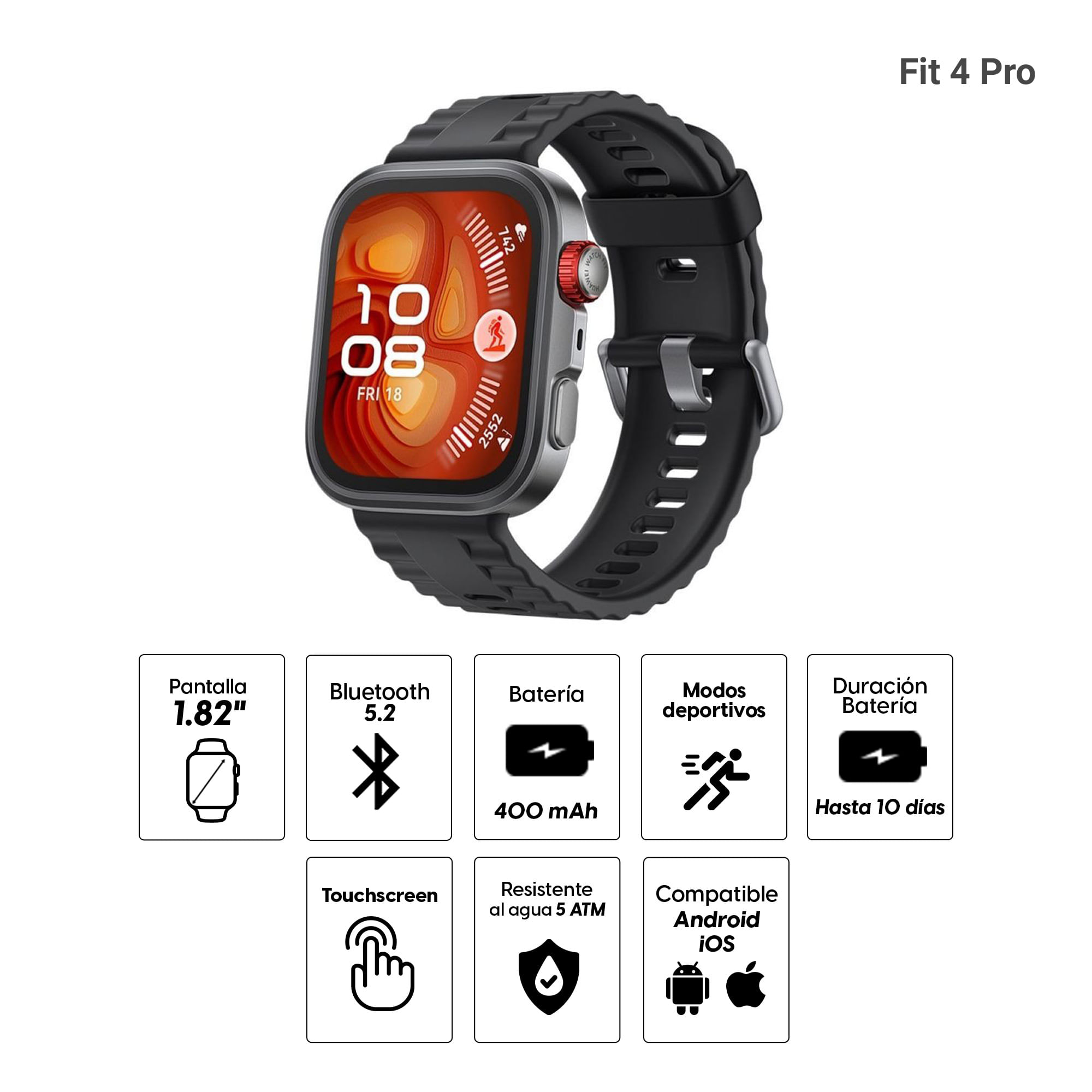 Imagen 2 del producto Smartwatch Huawei Fit 4 Pro pantalla 1.82” /AMOLED, sensor ECG, 10 días de batería, resistente al agua 5ATM, IP6X, compatible Android/iOS, negro