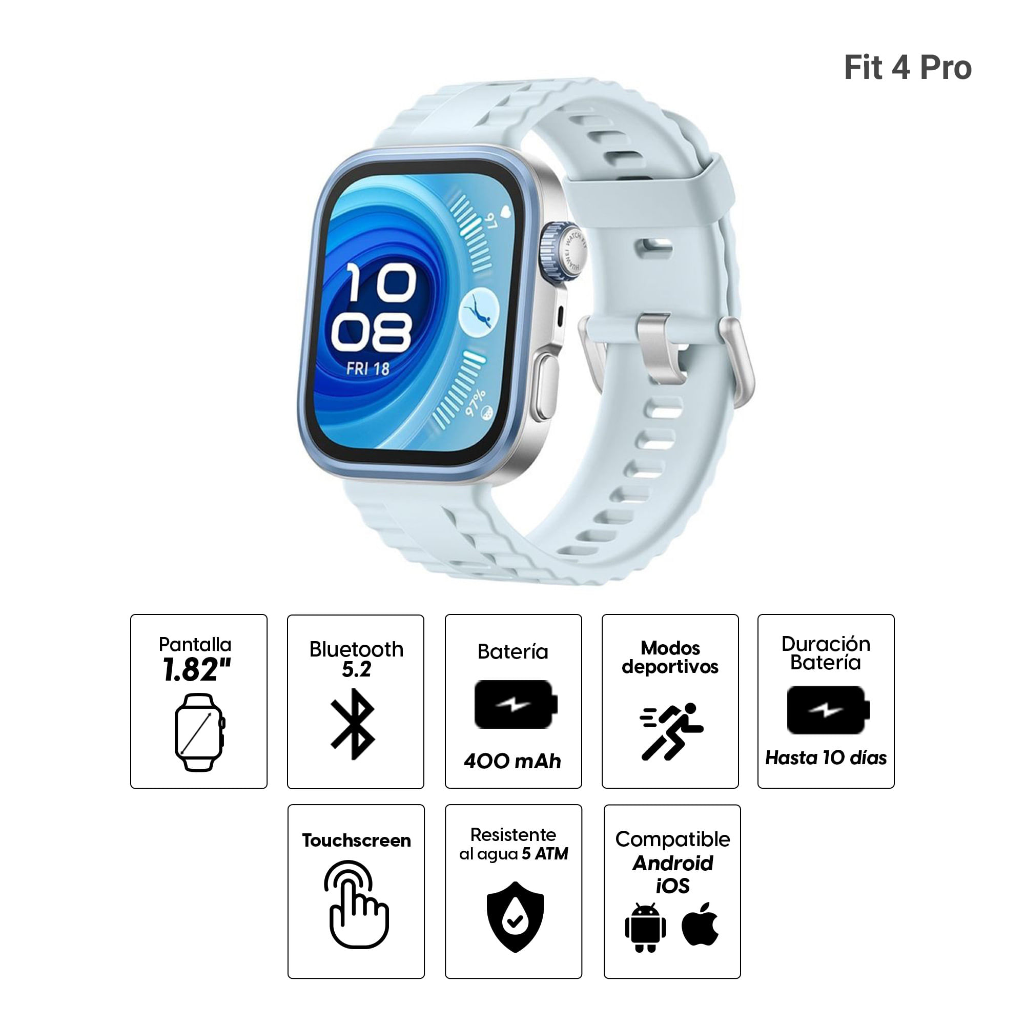 Imagen 2 del producto Smartwatch Huawei Fit 4 Pro pantalla 1.82” /AMOLED, sensor ECG, 10 días de batería, resistente al agua 5ATM, IP6X, compatible Android/iOS, azul