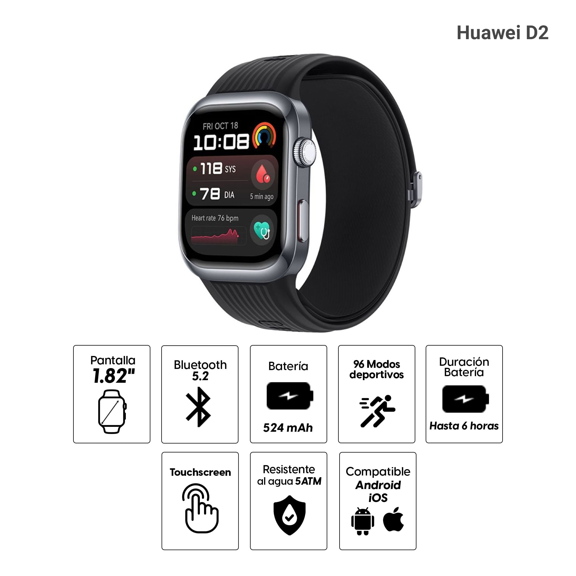 Imagen 2 del producto Smartwatch Huawei D2 Black, pantalla AMOLED 1.82'', resistente al agua IP68, monitoreo de presión arterial, batería hasta 6 horas, negro