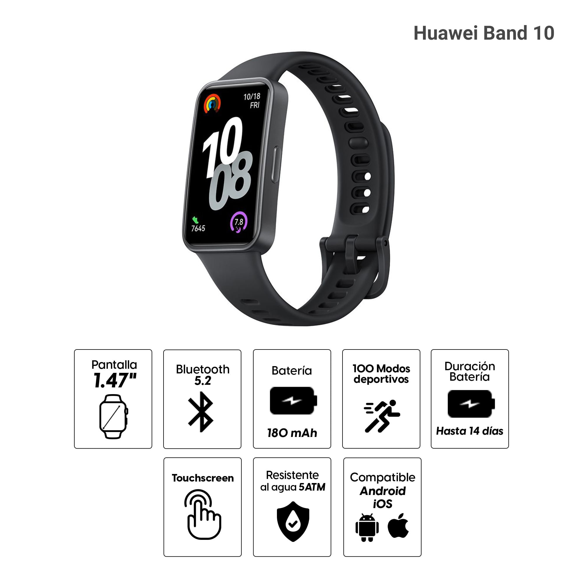 Imagen 2 del producto Smartband Huawei Band 10 pantalla 1.47""/AMOLED, resistente al agua 5ATM, batería hasta 14 días, negro