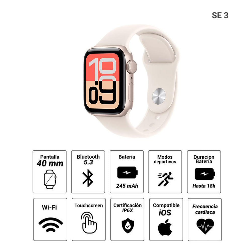 Imagen 2 del producto Smartwatch Apple Watch Series SE 3, pantalla 40MM/OLED, GPS, resistente al agua, 18 horas, blanco estelar